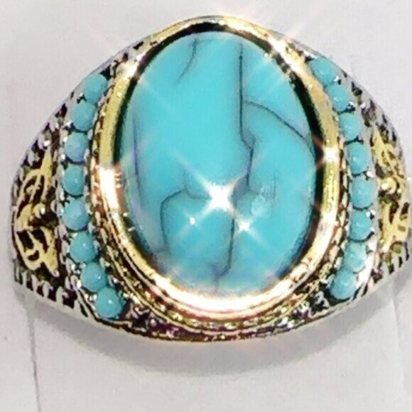 New Mens Turquoise Statement Ring with Gold & Silver Accents size 10 - Picture 3 of 7